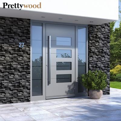 China Solid Modern Exterior Bulletproof Aluminum Front Doors from Prettywood Gray Design Glass Inserted Metal for sale