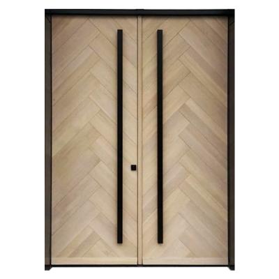 China Modern Solid Herringbone Exterior Wooden Front Door Waterproof Prettywood Double Bedroom Main Entry Design for sale