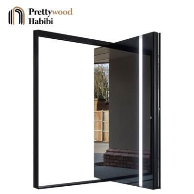 China Prettywood Bulletproof Led Lighting Modern Bedroom Front Entrance Entry Pivot Doors Mirror Stainless Steel Panel Armored Security Exterior for sale