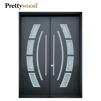 China Prettywood Bulletproof Modern Residential Exterior Glass Inserted Stainless Steel Security Double Front Door for sale