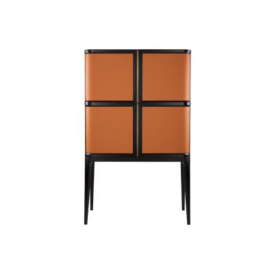 China Living Room Furniture Modern Solid Beech Framed Doors Designs Wine Storage Orange Leather Wrapped High Cabinet for sale