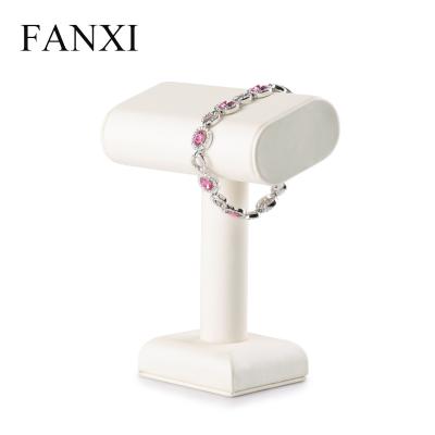 China Custom Leather Wooden Bangle Display FANXI China Logo Handmade White Jewelry Bangle Holder Rack Stand T Bar Watch Bracelet Display for sale