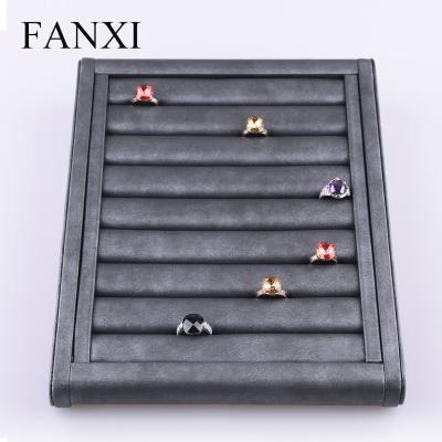 China PU Leather Jewelry Display Tray With Elastic Bar For All Rings FANXI Exquisite Custom Jewelry Display Tray Ring Display Holder With Elastic Bar Black PU Leather Ring Tray for sale