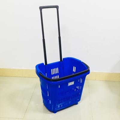 China MOQ 20 PCS 34L Plastic Trolley Rolling Basket with 2 Wheels and 2 Handles for Supermarkets CS-PW602 for sale