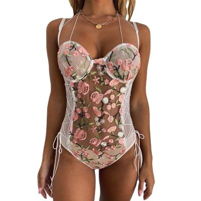 China New Spring Craft 85%Polyester MODENA Lace Flower Mesh Jumpsuit Women Pink Sexy Underwear Sexy Lingerie for sale