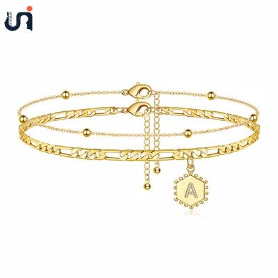 China FASHIONABLE UNIQUE Hot Sale 14k Gold Plated Layered Zircon Cuban Link Anklets With Initials Anklet for sale