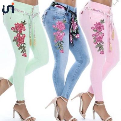 China UNIQUE Fade Proof S-5xl (no belt) color women stretch high waist embroidery skinny plus size jeans print denim pant pants women pencil pants for sale