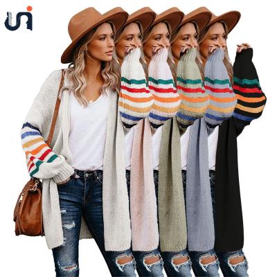 China UNIQUE Wholesale Women Anti-wrinkle White Striped Balloon Sleeve Knit Sweaters Long Cardigan for sale