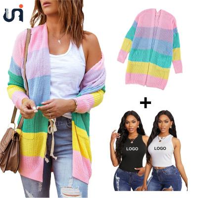 China 2021 New Autumn Anti-wrinkle Winter Ladies Rainbow Color Block Print Women's Long Knitted Oversized Cardigan Sweater UNIQUE for sale