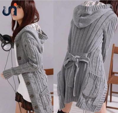 China UNIQUE Korean Winter Anti-pilling Long Belted Hooded Cardigan For Women for sale