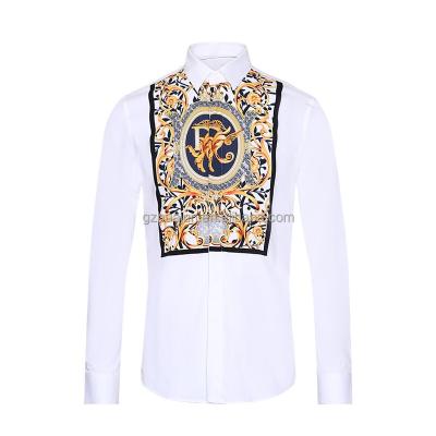 China Anti-wrinkle Slim Fit African Men's Clothing White Gold Printed Men's Long Sleeve Shirt for sale