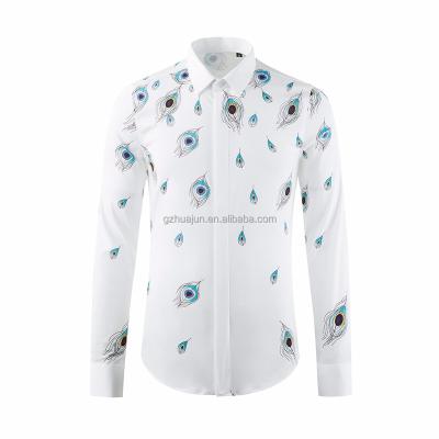 China 2021 New Anti-wrinkle Feather Print Men's White Long Sleeve Shirt Plus Size Men's Handsome Top for sale