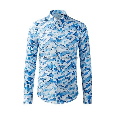 China blue and white irregular men's long sleeve shirt Anti-wrinkle men's fancy design cotton shirt ready to ship for sale