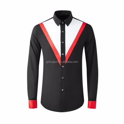 China Anti-wrinkle factory direct sales new fashion two color stitching V-neck men's long-sleeved shirt for sale