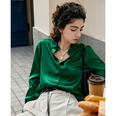 China Green Silk Blouse Office Lady Anti Pilling Custom Women Style Solid Color Vintage Shiny Mulberry 100% Silk Shirt With Buttons for sale