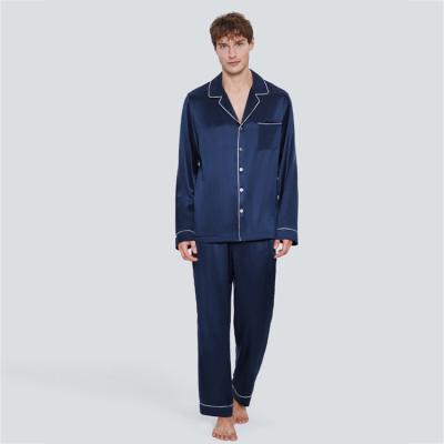 China Custom embroidery men's pure silk breathable satin sleepwear 2 pieces long sleeves mulberry 100% silk luxury pajamas set men for sale