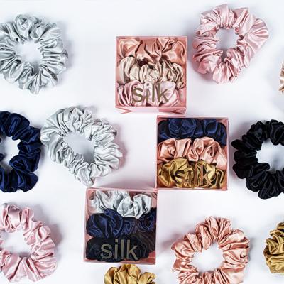 China Fashion/high elasticity/pretty 16mm satin custom wholesale scrunchy silk hair ties headbands real hair silk scrunchies for sale