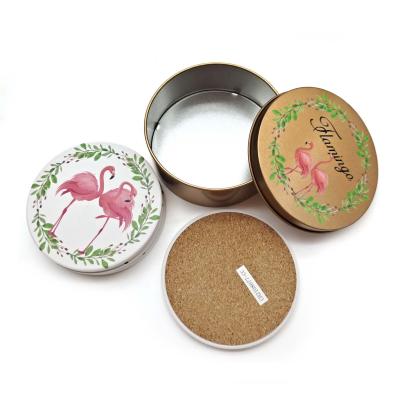 China Viable Set of 3.5 Inch Flamingo Design Coaster of 4 Tin Box Packing Ceramic Coaster with Cork Backing for sale