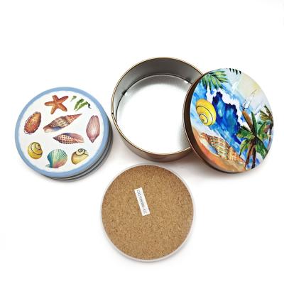 China 3.5 Inch Viable Set of 4 Tin Box Packing Ceramic Coaster Marine Shellfish Printing Coaster with Cork Backing for sale