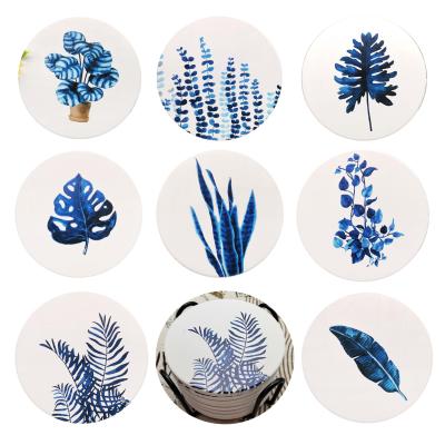 China Sustainable 8 Pcs Set Monstera Leaves Pattern UV Printing Ceramic Absorbent Coasters Set for sale