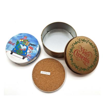 China Viable 3.5 Inch Set Of 4 Tin Box Packing Ceramic Coaster Christmas Mug Coaster With Cork Backing for sale