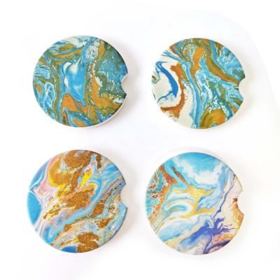 China Viable Marble Absorbent Car Coasters Blue Gold Marble Texture Around Ceramic Stone Car Coaster With Cork Base for sale