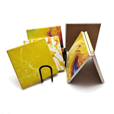 China 2021 Viable Popular Color 6 Piece Set Coaster Yellow Marble Square Sublimation Ceramic Drinks Coaster Set With Cork Backing Coaster for sale