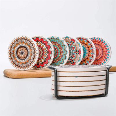 China 4 Inch Sustainable Round 3D Ceramic Water Cup Coaster Custom 6 Pcs Absorbing Ceramic One Set Metal Rack for sale