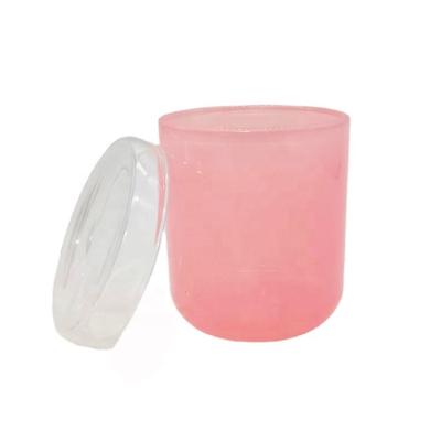 China Heat resistant; High Quality Custom Corrosion Perfume Oil Resistance Pink Color Round Glass Candle Jars With Glass Candle Lids for sale