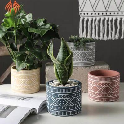 China Cement Water Proof Indoor Cylindrical Cutting Pattern Blue And Red Pots For Plants Flower for sale