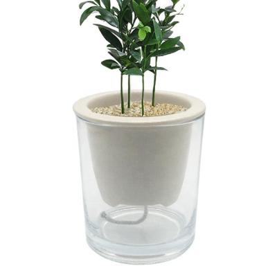 China MODERN SELF-WATERING hydroponic pots small clear GLASS AND white CERAMIC SELF-WATERING planter hydroponic flower pots for sale