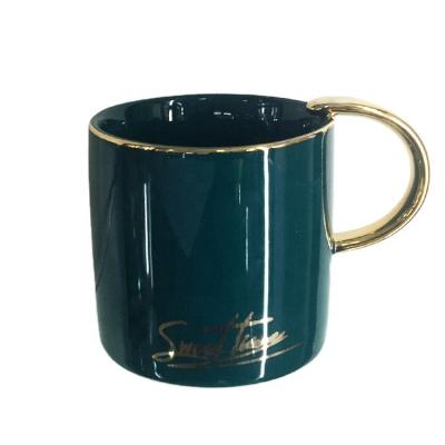 China Sustainable Modern Small Gloss Dark Green Ceramic Coffee Cups And Saucers With Gold Handle for sale