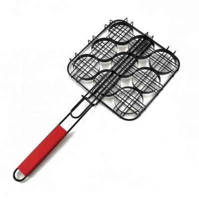 China Dustproof High Quality Hot Selling Non-Stick Coating Hamburger Grilling Basket with Wooden Handle BBQ Mesh for sale