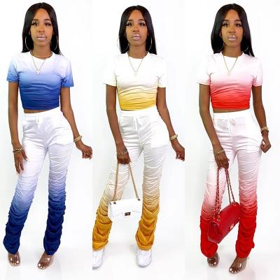 China 2021 New Anti-Wrinkle Jogger Casual Fashionable Two Piece Set Short Sleeve Fade Stacked Pants Women Stacking Pants for sale