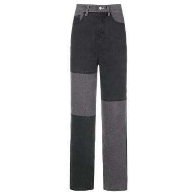 China Patchwork QUICK DRY black gray hip-hop color contrast street loose women's jeans for sale