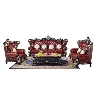 China Other Style European Style Living Room Design Antique Furniture Classic Solid Wood Leather Sofa for sale