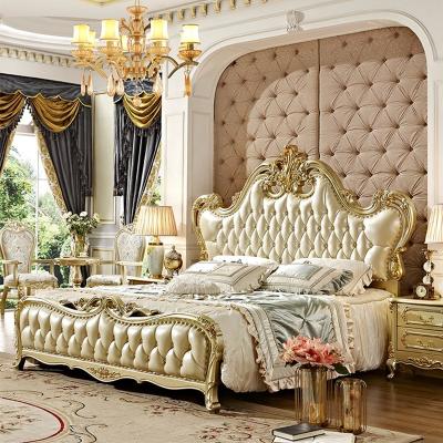 China Antique Lighted Headboard Classic European Style Bedroom Furniture Set Carved Wooden King Size Double Bed With Nightstand for sale