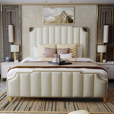 China Modern simple upholstered luxury modern bed lit microfiber leather new design headboard bedroom wooden home furniture for sale