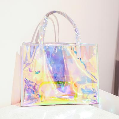 China Wholesale Custom PVC Holographic Plastic Shopping Bag Reusable With Transparent Logo Bag Gift Handbag for sale