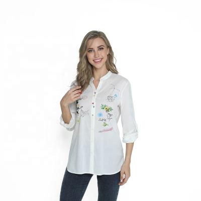 China Autumn Latest Popular Causal Fashion Breathable Full Sleeve Shirt Stand Neck With Lady Print Color Button Office Blouse for sale