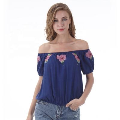 China Anti-pilling casual blouse sexy clothing off the shoulder floral ruffle embroidery woman crop top for ladies and woman for sale