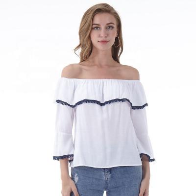 China Lady's Elegant Sexy Fashion Anti-pilling Woven Off The Shoulder Ruffle 3/4 Sleeve Women's Top Shirt For Ladies And Women for sale