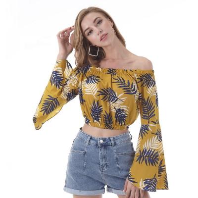 China Breathable Women Clothing Chiffon Blouse Leaf Print Off The Shoulder Long Sleeve Trumpet Sleeve For Lady And Women for sale