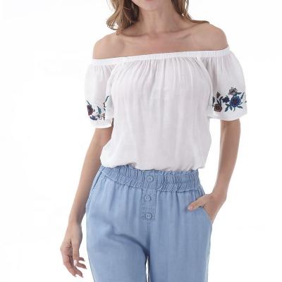 China Lady's casual wear lady's embroidery breathable elegant upper blouse offshoulder short sleeve for ladies and women for sale