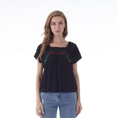 China Breathable Lady Woman Embroidery Blouse and Black Square Neck Short Sleeve Top from Latest Shirt Design for Woman for sale