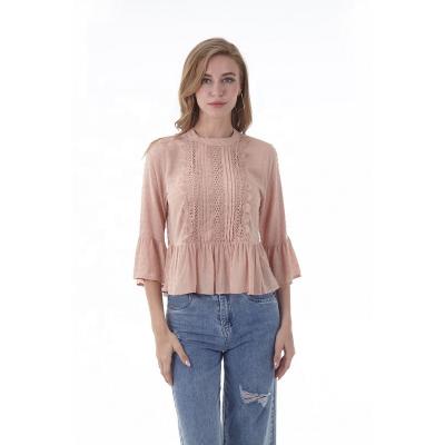 China Women Breathable Fashion Latest Design Round Neck Lady Ruffle Sleeve Ladies Blouse Lace Top for sale