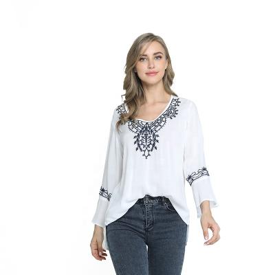 China Breathable Casual For Women 2020 Design Embroidered Fashion Round Neck 3/4 Sleeve Blouse for sale