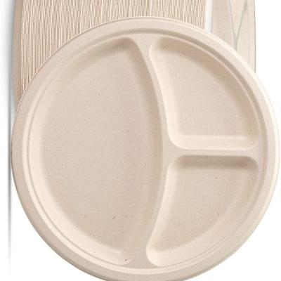 China Eco-Friendly 100% Compostable Unbleached Organic Natural Bagasse 3 Compartment Round Dish To Wedding for sale