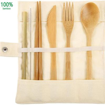 China Viable Bamboo Knife Straw Toothbrush Portable Bamboo Cutlery Spoon Fork Utensils Set In Pocket For Travel Camping for sale