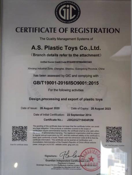 ISO9001 - A.s. Plastic Toys Co., Ltd.